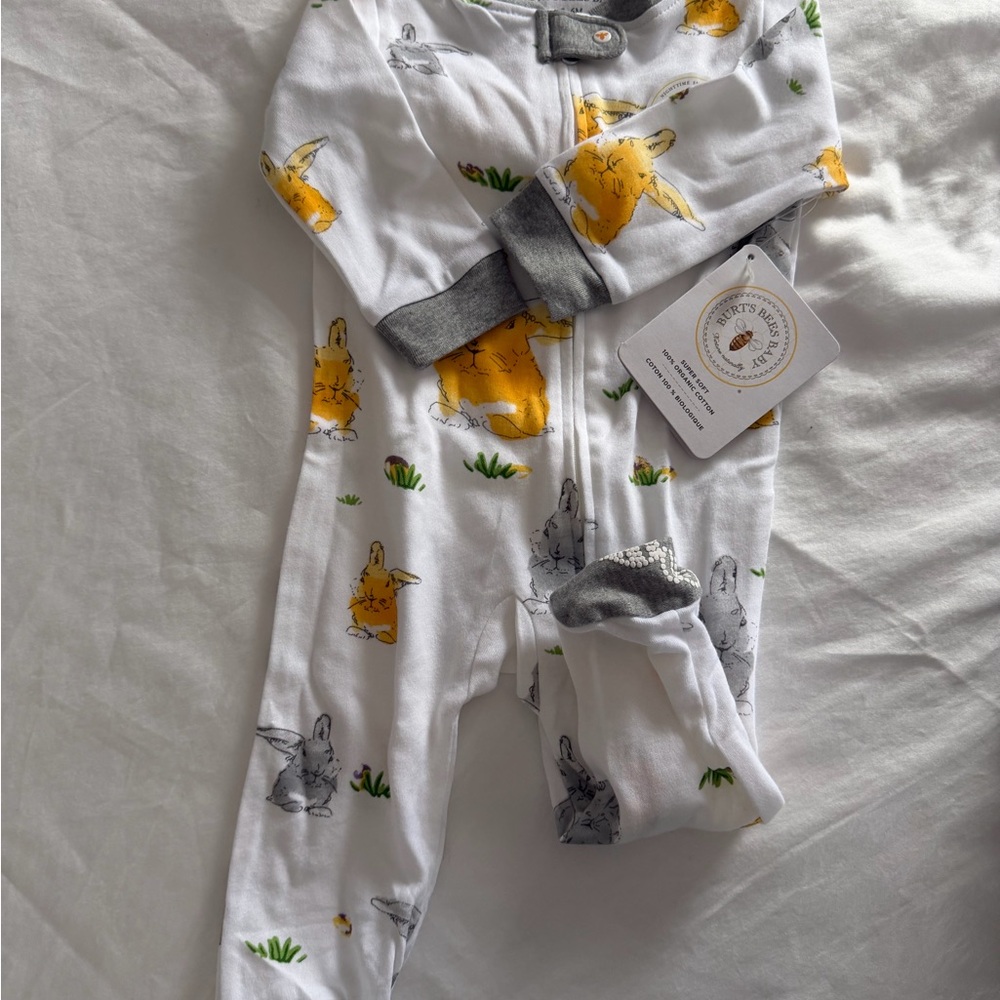 Burt's Bees Baby White Footed Sleeper with Yellow Bunny Print NWT